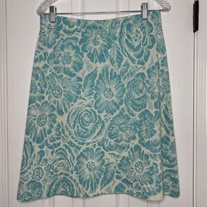 St. John Collection Aqua and Cream Floral A-Line Skirt